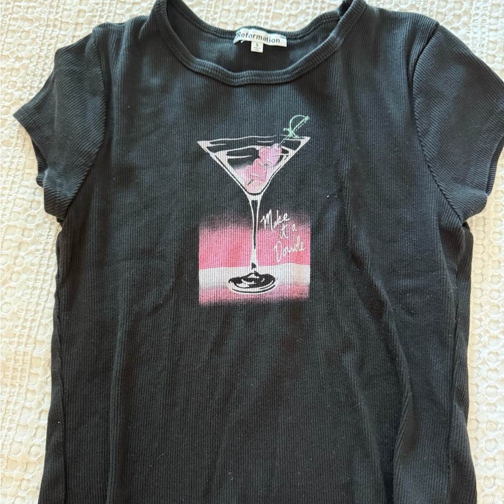 Reformation Black Crop Top with Pink and White Martini Graphic